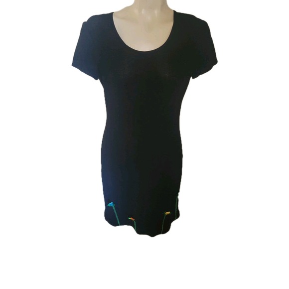 JOSEPH RIBKOFF Black Dress Embroidered Floral Detail Short Sleeve Casual Cute - Picture 1 of 7
